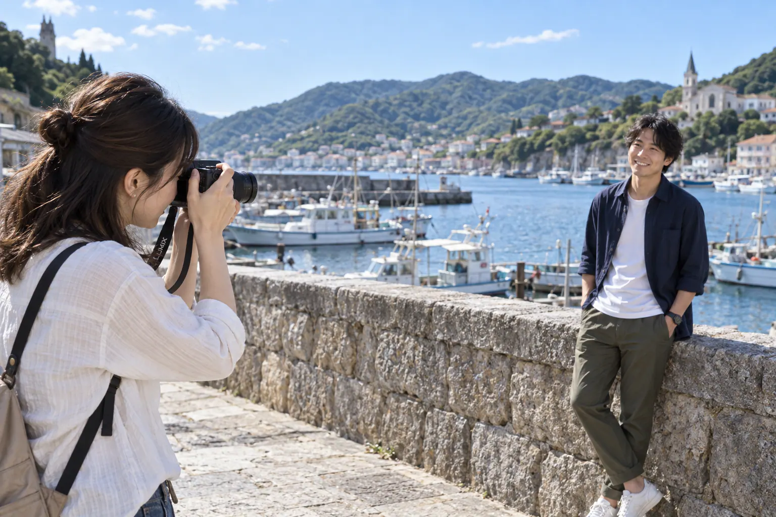 旅先の港でLUMIX G 35–100mm付きカメラを同行者へ向ける撮影者