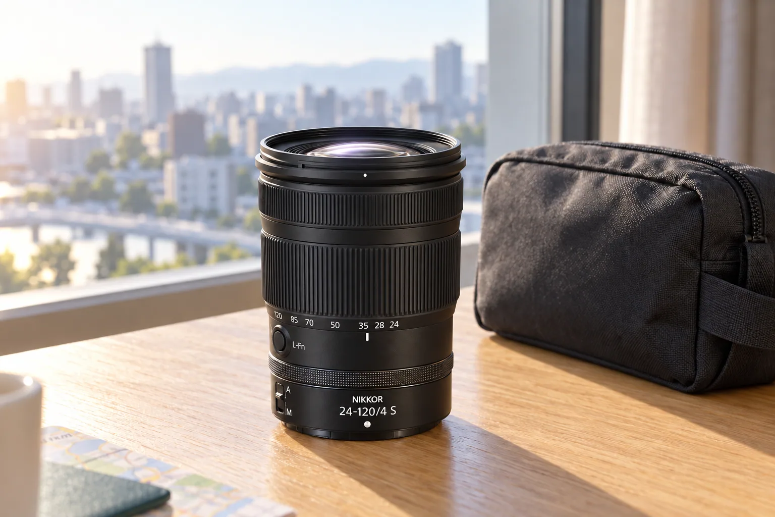 NIKKOR Z24-120mm f/4 Sの黒い鏡筒を参考に生成した外観イメージ