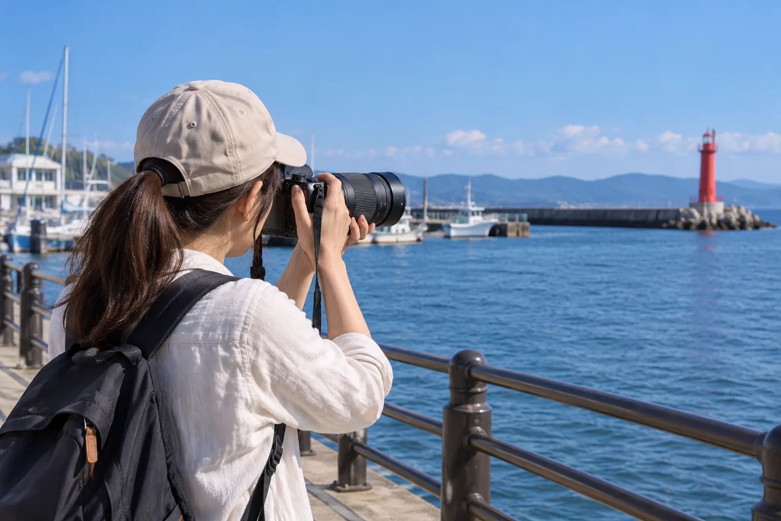 港の遊歩道で24–200mm付きカメラを構え、遠くの灯台を撮る成人の旅行者