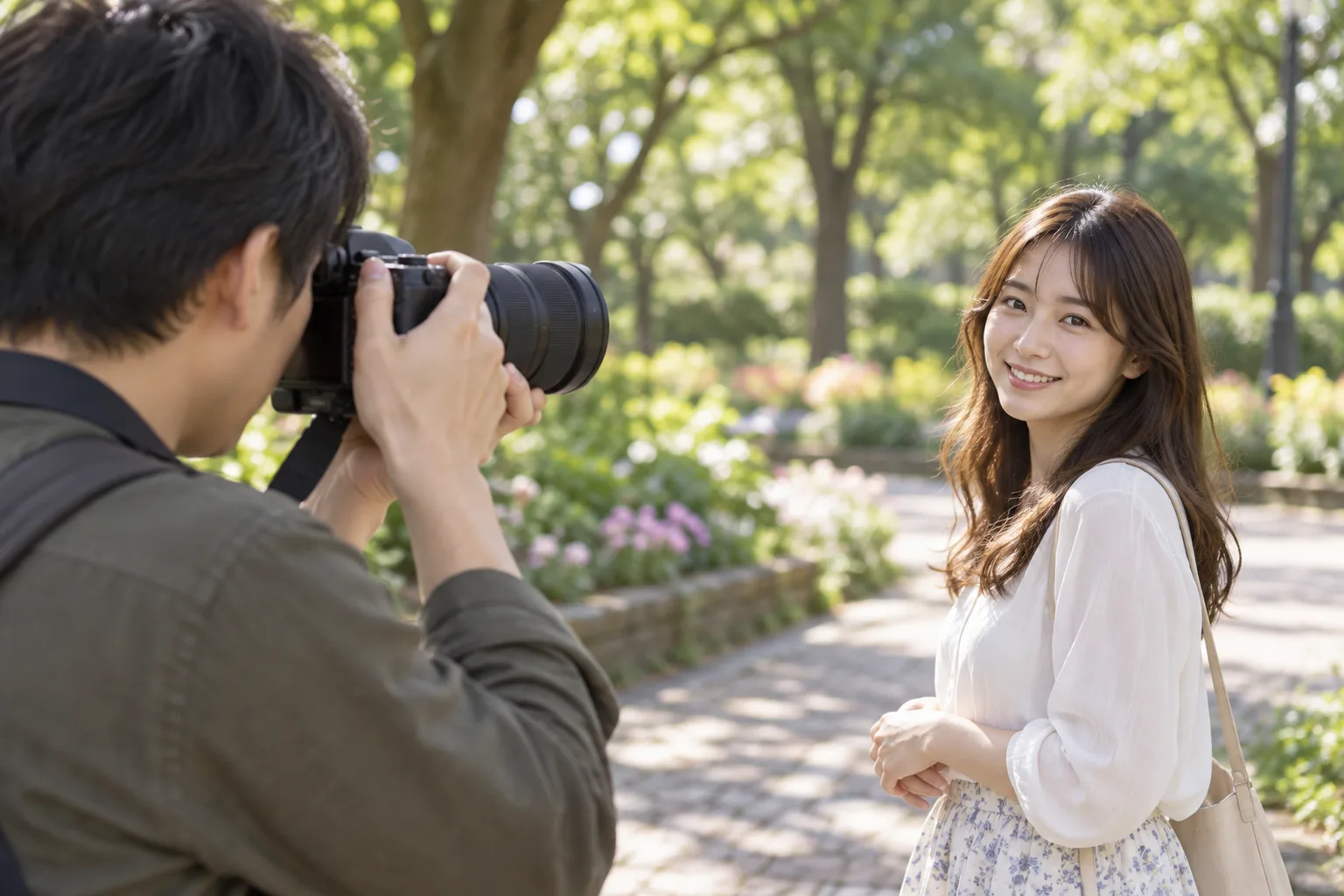 公園で24–70mm IIを付けたカメラを構え、緑を背景に成人の友人を撮る人