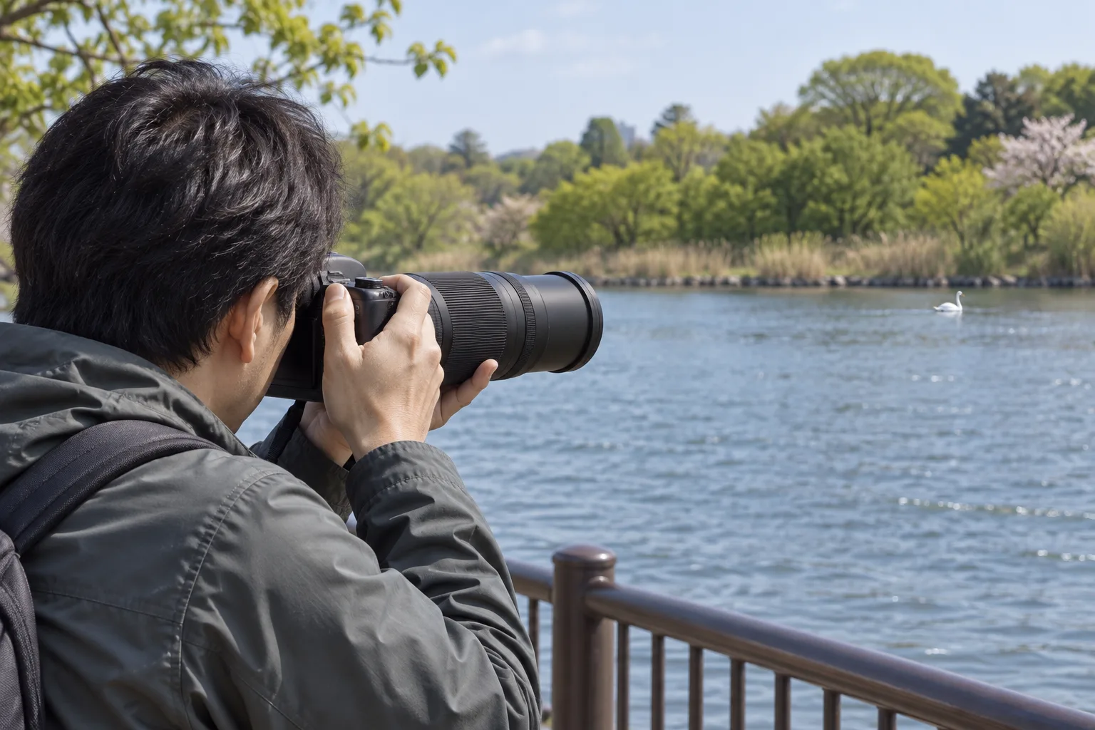 水辺の遊歩道で28–400mm付きカメラを構え、対岸の白い水鳥を撮る成人
