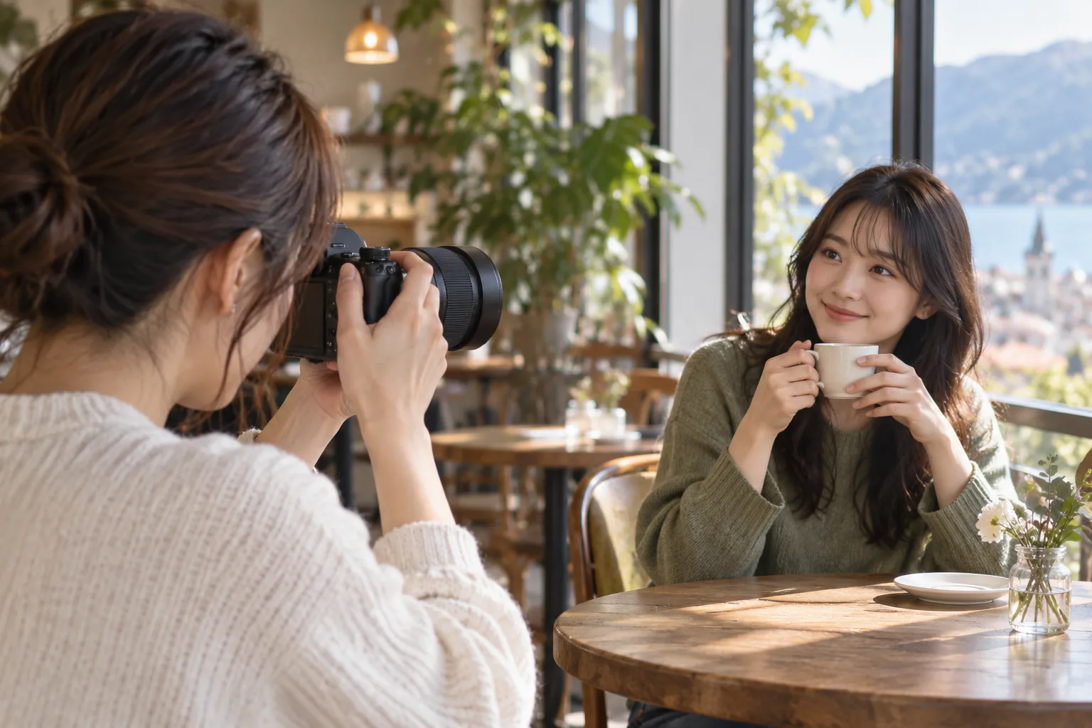 窓辺のカフェで35mmレンズを付けたカメラを構え、コーヒーを手にする成人の友人を撮る人