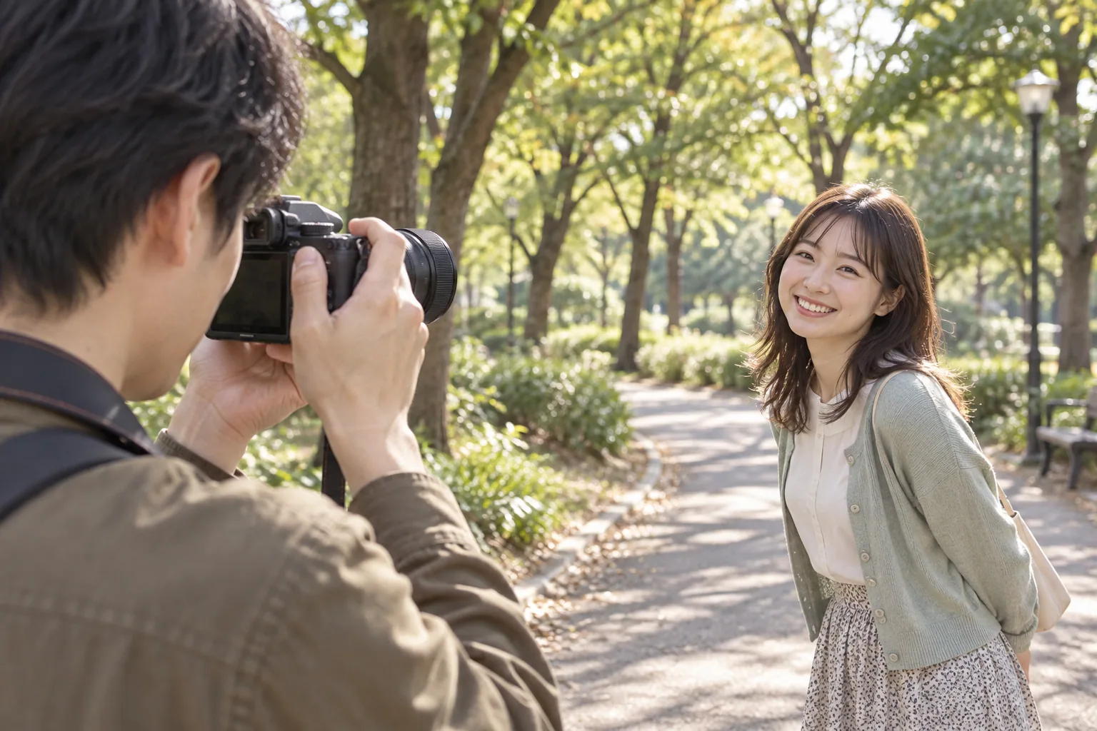 公園の散歩中に小型カメラを友人の顔へ向け、木漏れ日を背景に人物を撮る場面