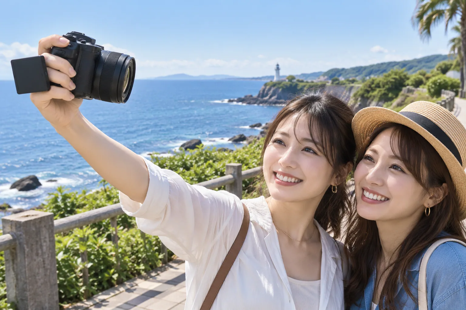 海辺の遊歩道で腕を伸ばして構えたカメラを二人の顔へ向け、友人と自撮りする場面