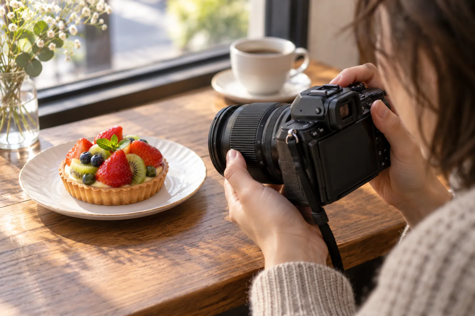カフェで席に座った撮影者が、目の前の果物のタルトへカメラを向ける場面