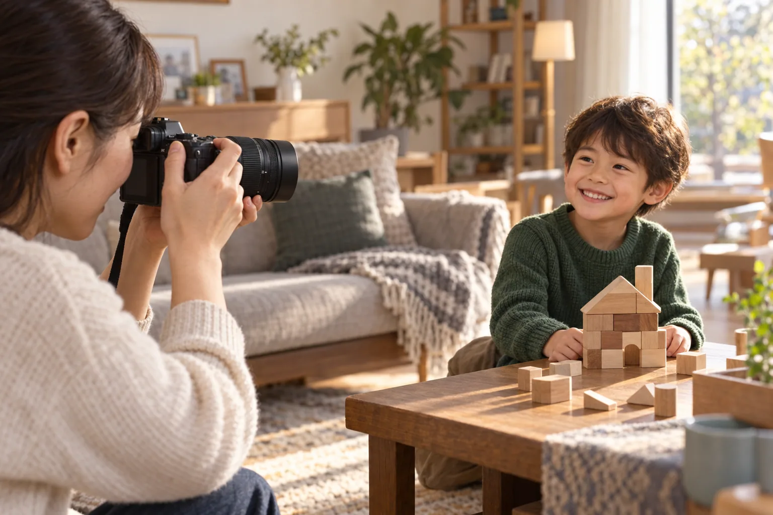 室内で積み木を完成させた子どもへ、親が標準ズームを向けて表情を撮る場面