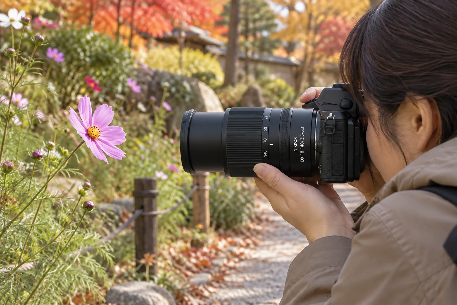 庭園の通路でしゃがんだ撮影者が、140mmにズームしたレンズを一輪のコスモスへ向ける場面