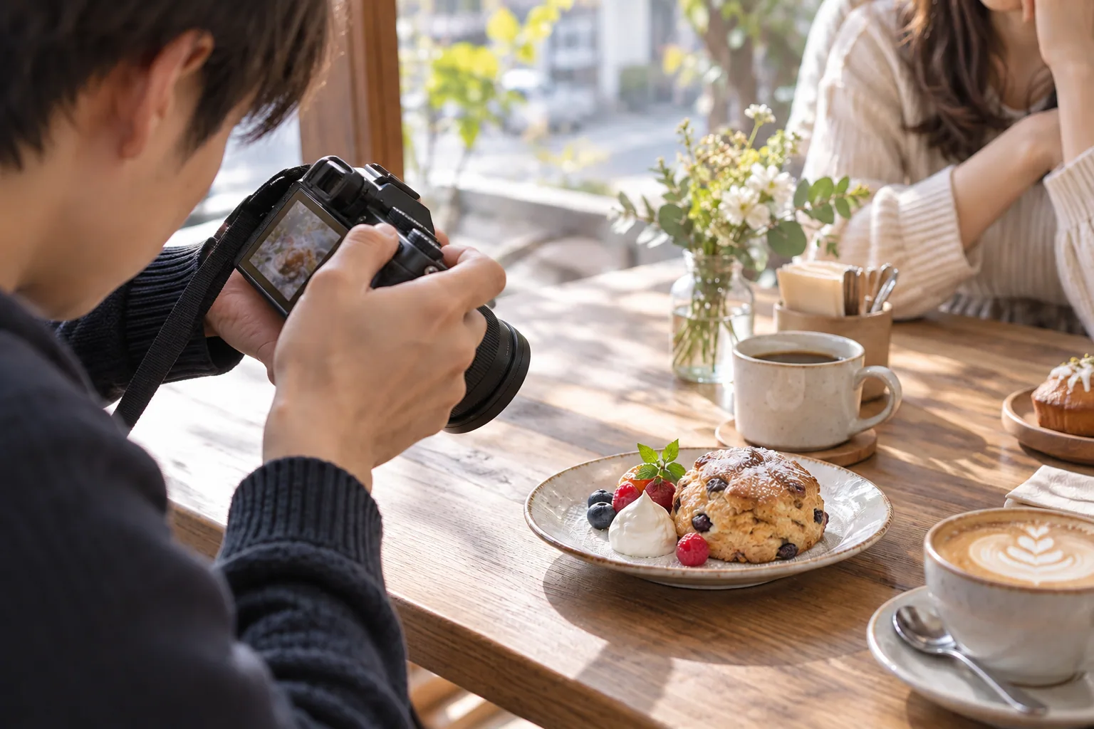 カフェで小型のカメラを焼き菓子へ近づけ、斜め下に向けて撮る場面