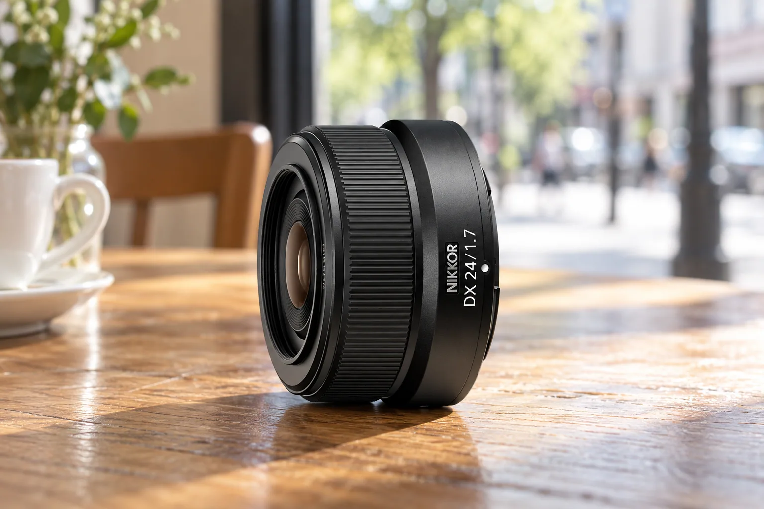 NIKKOR Z DX 24mm f/1.7の薄い黒い鏡筒を参考に生成した外観イメージ