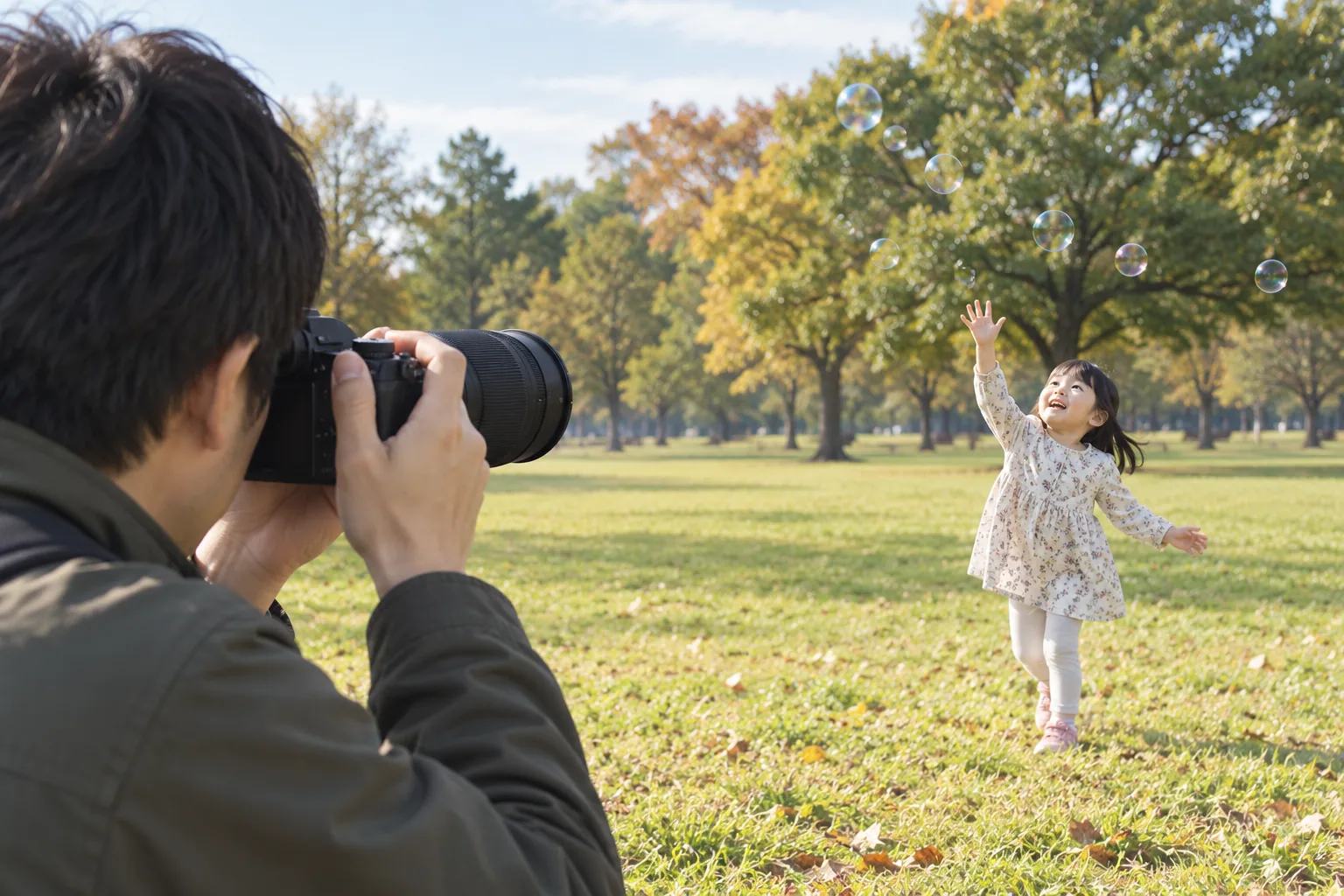 公園で親が、少し離れてシャボン玉を見上げる子どもへ望遠ズームを向ける場面