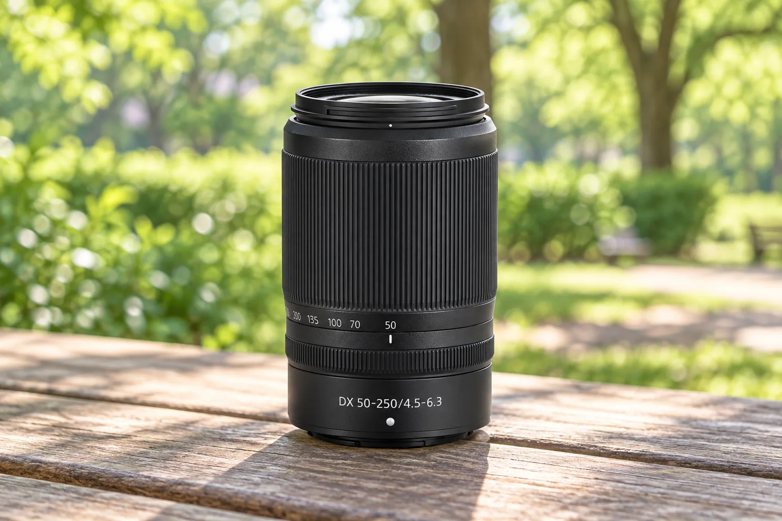 NIKKOR Z DX 50-250mm f/4.5-6.3 VRの黒い鏡筒を参考に生成した外観イメージ