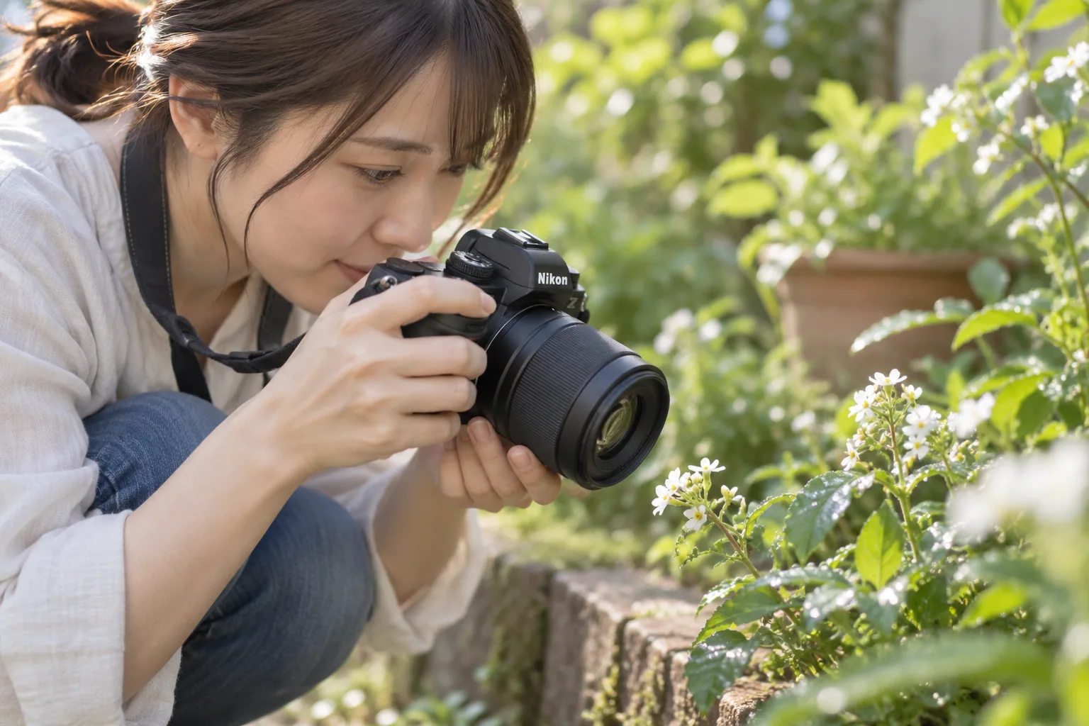 庭の小さな白い花へレンズを近づけ、両手でカメラを構えて撮る場面