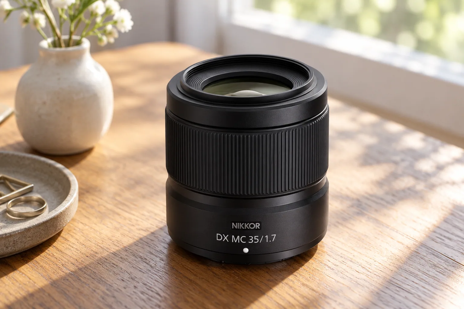 NIKKOR Z DX MC35mm f/1.7の黒い小型鏡筒を参考に生成した外観イメージ