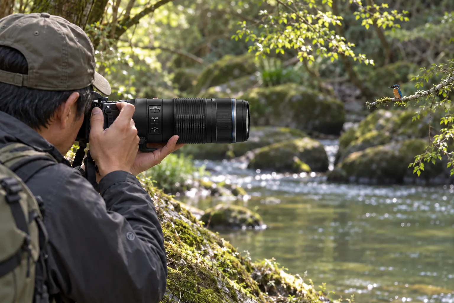 森の水辺の枝に止まった小さなカワセミへ、100-400mm IS IIを付けたカメラを向ける撮影場面