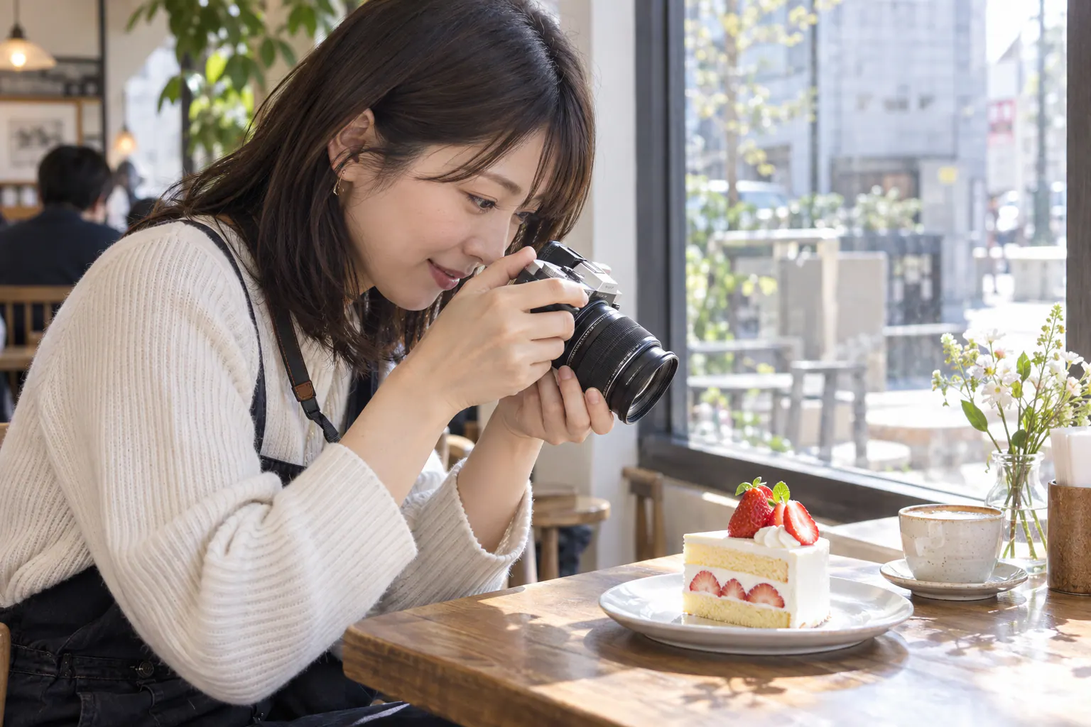 カフェで皿の上のケーキへカメラを近づけて撮る場面