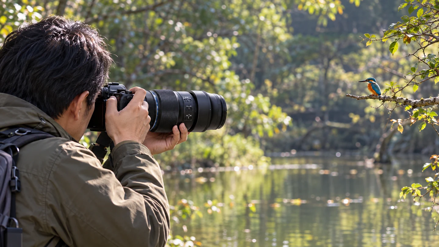 OM-1 Mark IIと100–400mm IIを、池の枝に止まったカワセミへ向け、レンズの下を支えて撮影する人