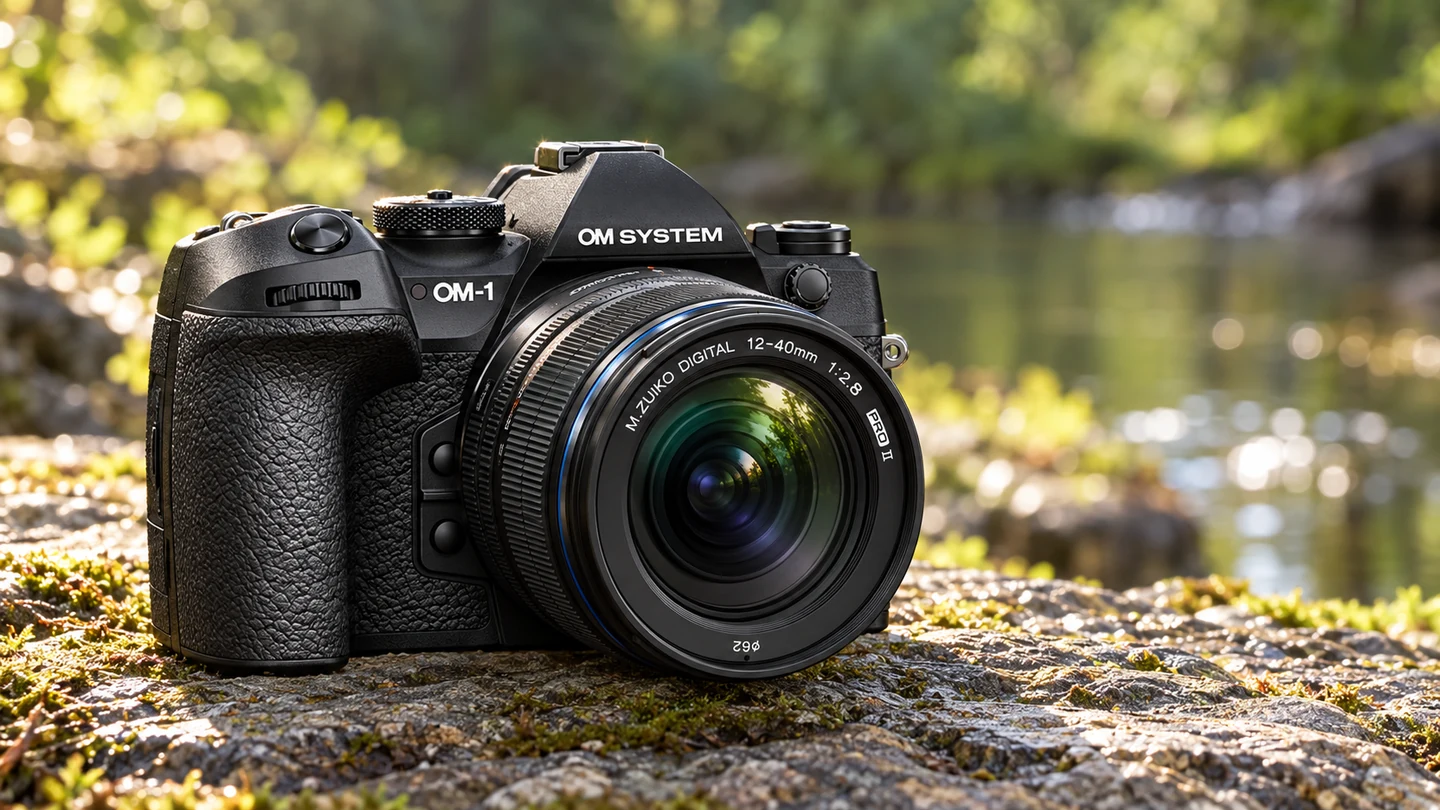 OM-1 Mark IIと標準ズームの公式外観を参考に生成した製品イメージ