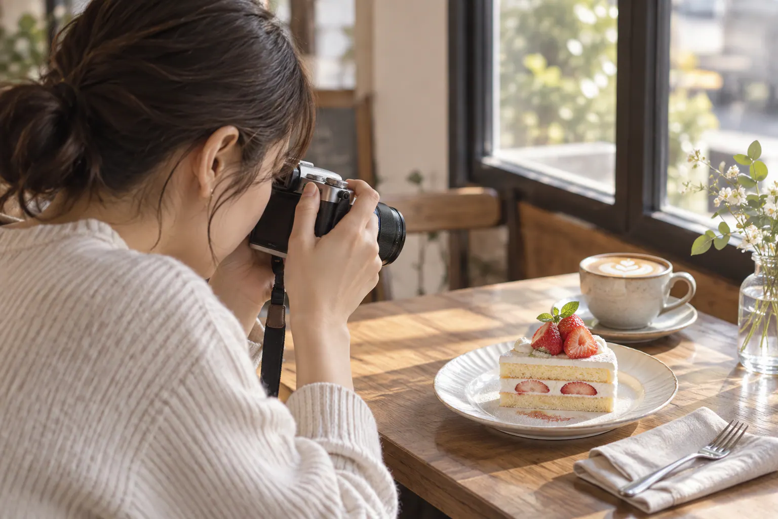 カフェの窓際で、小さな単焦点レンズを料理へ向けて撮る場面