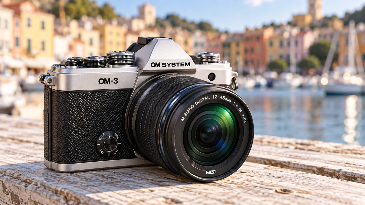 OM-3と標準ズームの公式外観を参考に生成した製品イメージ