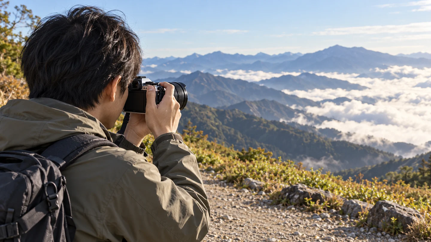 展望地点でOM-5 Mark IIと12-45mmを山並みと雲海へ向けて撮影するハイカー