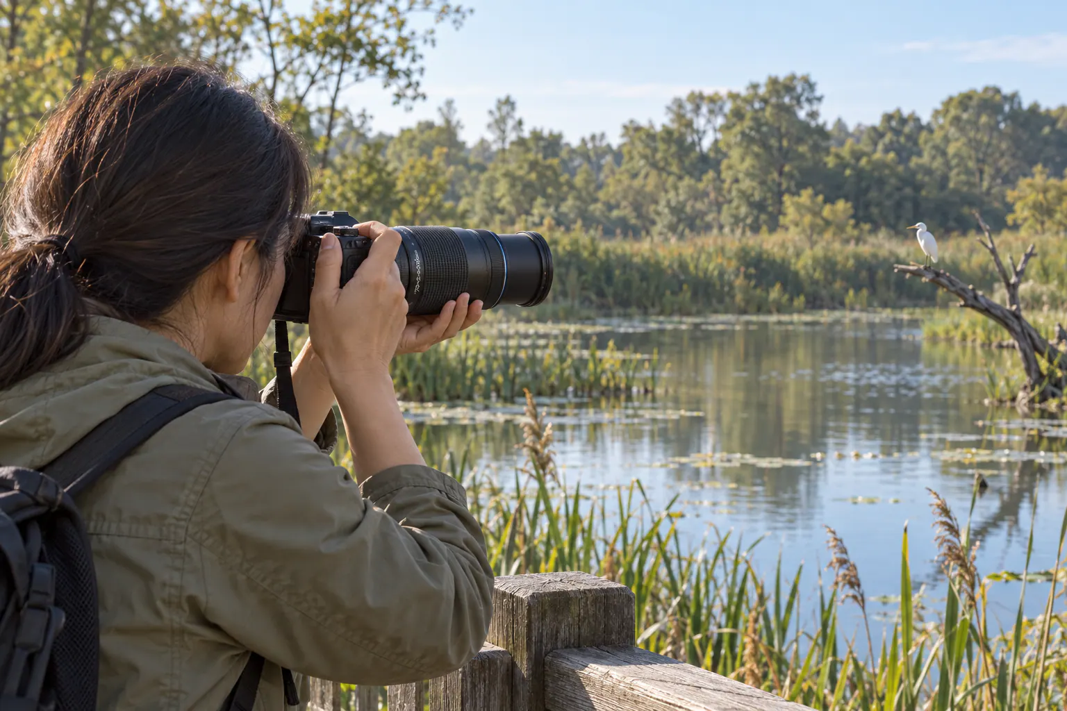 池の向こうの枝に立つサギへ、75-300mm F4.8-6.7 IIを付けたカメラを向ける撮影場面