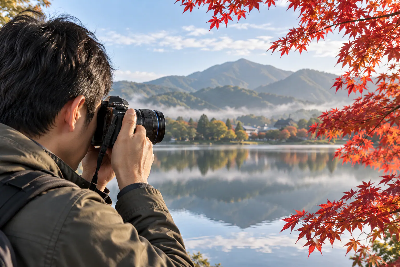 紅葉の枝と湖の向こうの山へ、9-18mm F4-5.6 IIを付けたカメラを向ける撮影場面