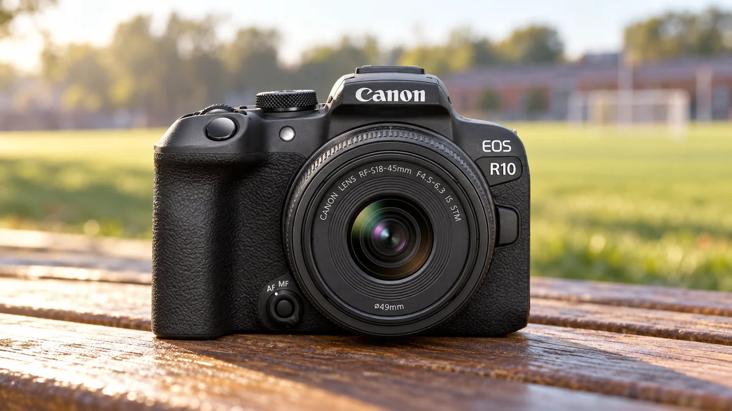 EOS R10とRF-S18-45mmの公式外観を参考に生成した製品イメージ