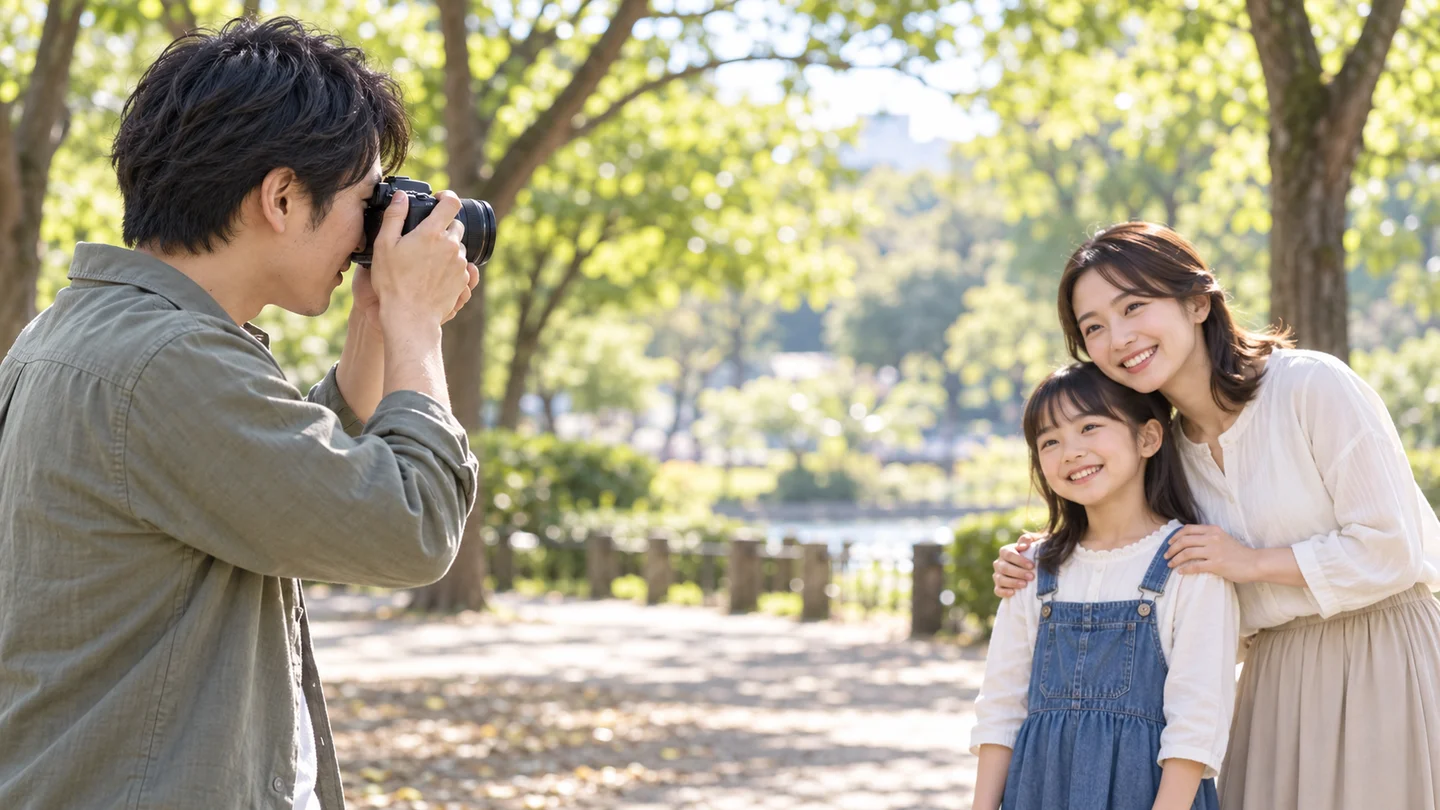 ファインダーをのぞいた親が、公園で並ぶ家族にEOS R100を向ける場面
