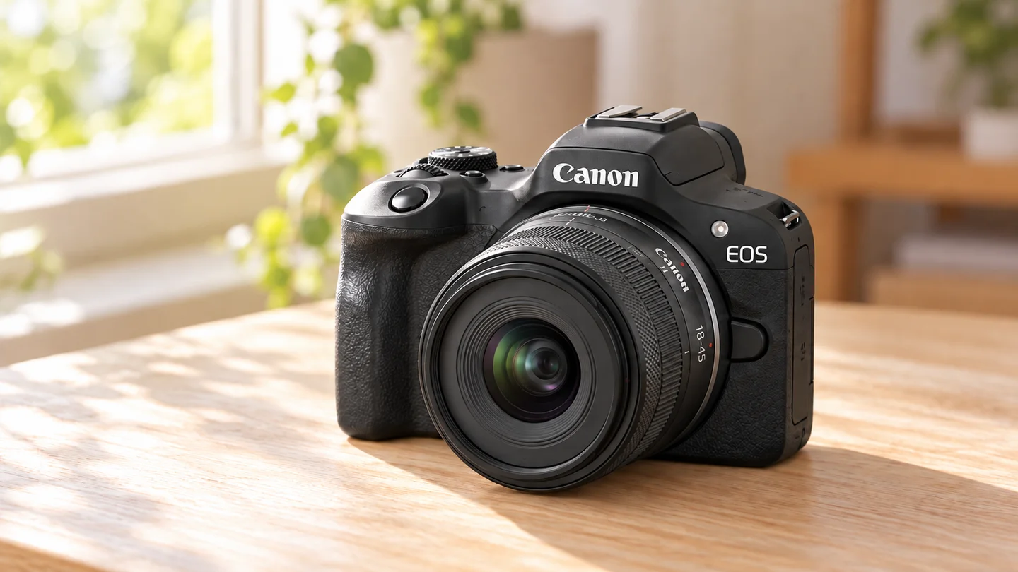 EOS R100とRF-S18–45mmの公式外観を参考に生成した窓辺の製品イメージ