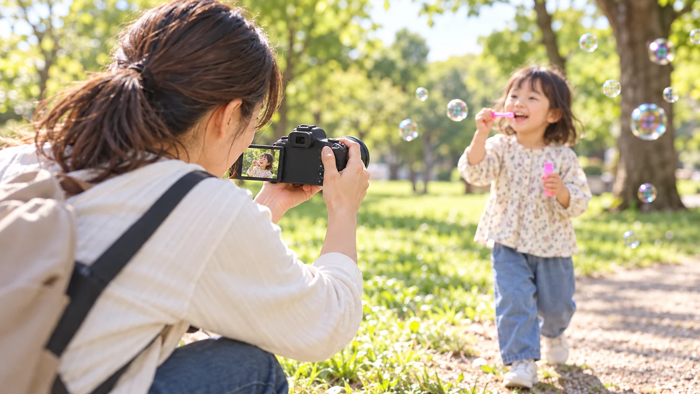 しゃがんだ親が可動液晶を見ながらシャボン玉で遊ぶ子どもを撮る場面