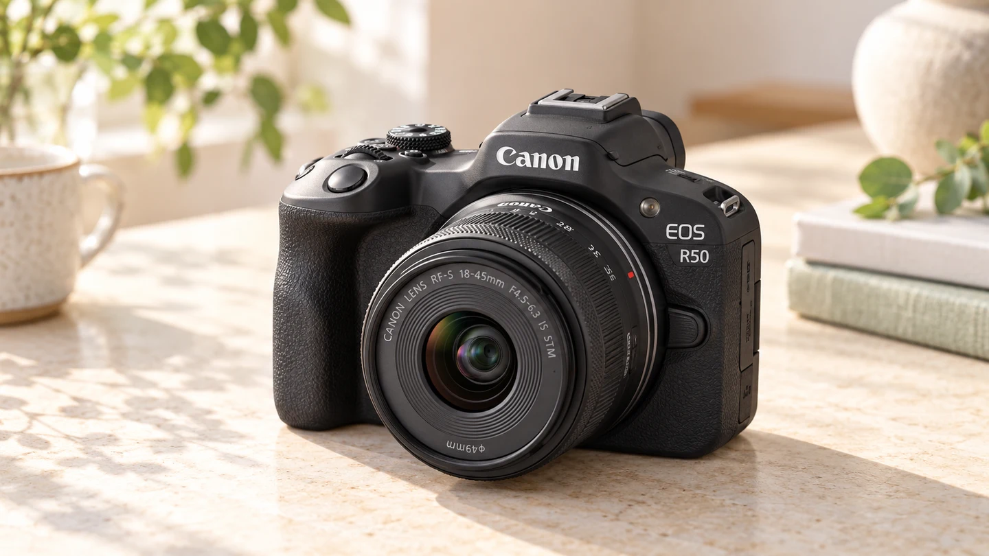 EOS R50とRF-S18-45mmの外観を参考に生成した製品イメージ