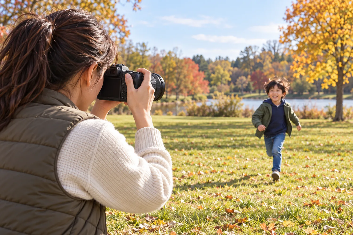 EOS R6 Mark IIIとRF24–105mmのズームを構える親が、芝生を走る子どもへレンズを向ける場面