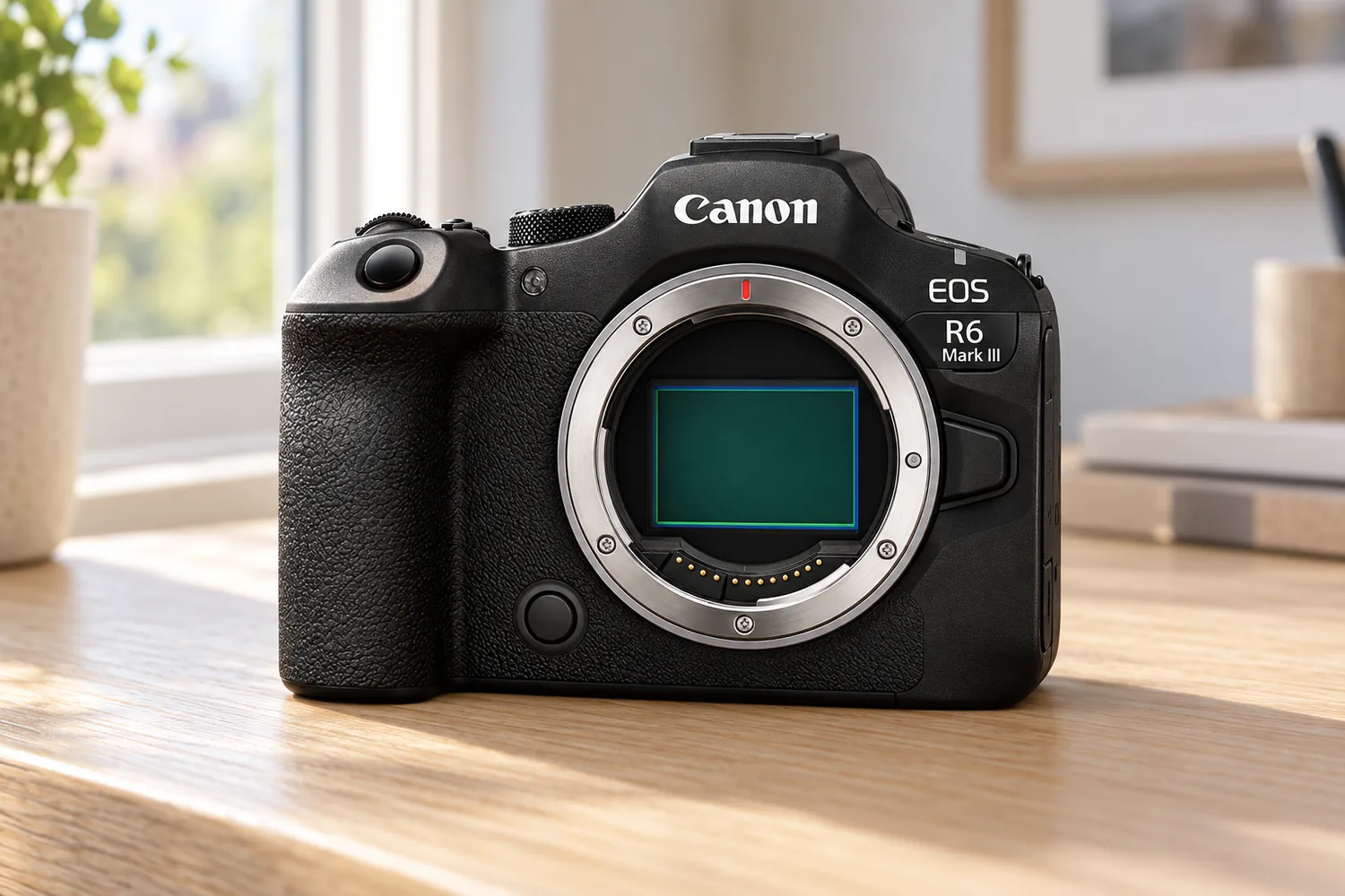 EOS R6 Mark IIIの公式正面外観を参照して生成した、レンズを外した黒いカメラの製品画像