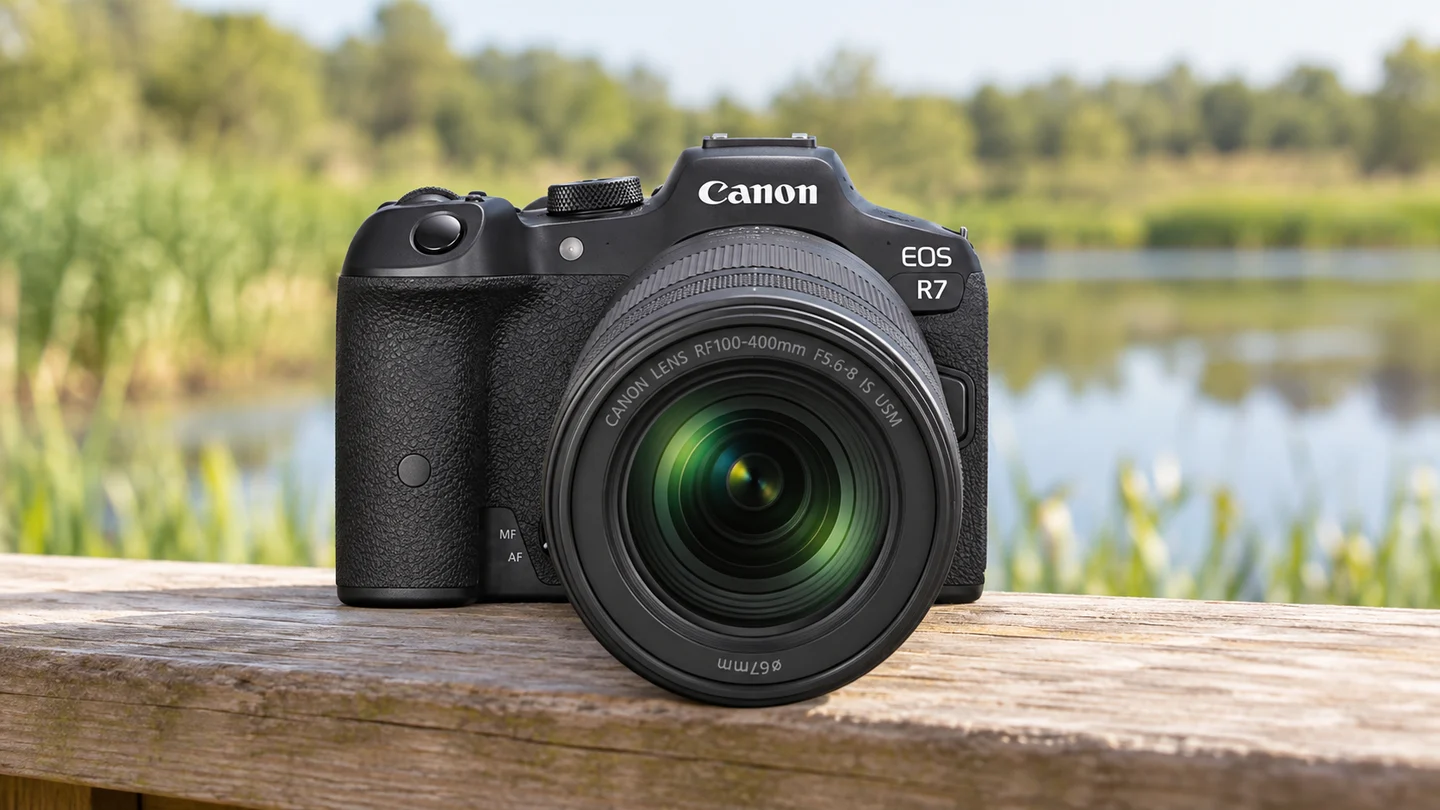 EOS R7とRF100-400mmの公式外観を参考に生成した製品イメージ