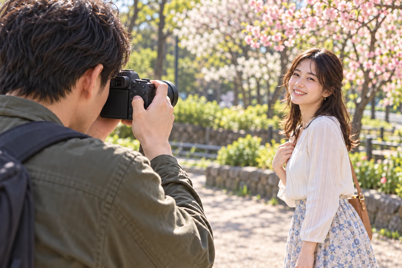 公園でEOS R8とRF50mmを構える撮影者が、花の前に立つ同伴者へレンズを向ける場面