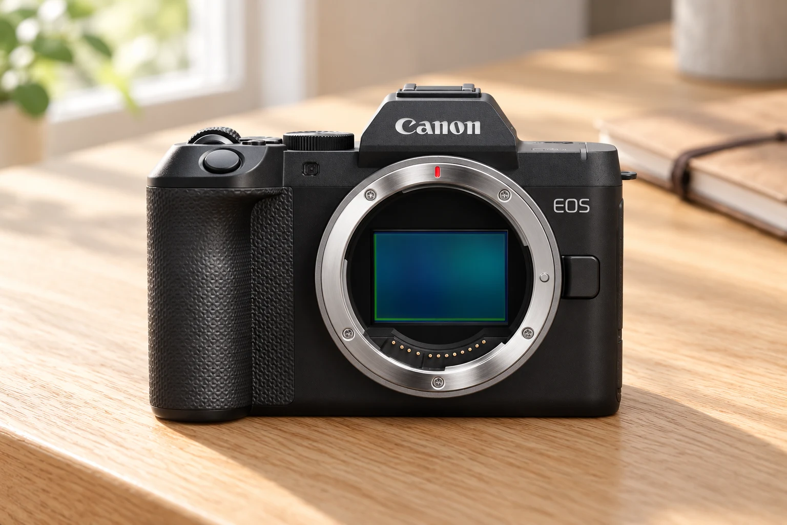 Canon EOS R8 Mark IIの公式正面外観を参考に生成した、窓辺の木製机に置いたカメラ本体