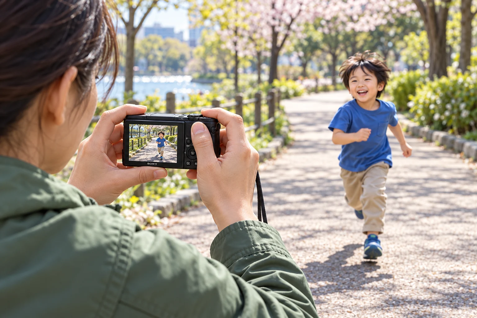 公園でRX100 VIIを走ってくる青い服の子どもへ向ける保護者