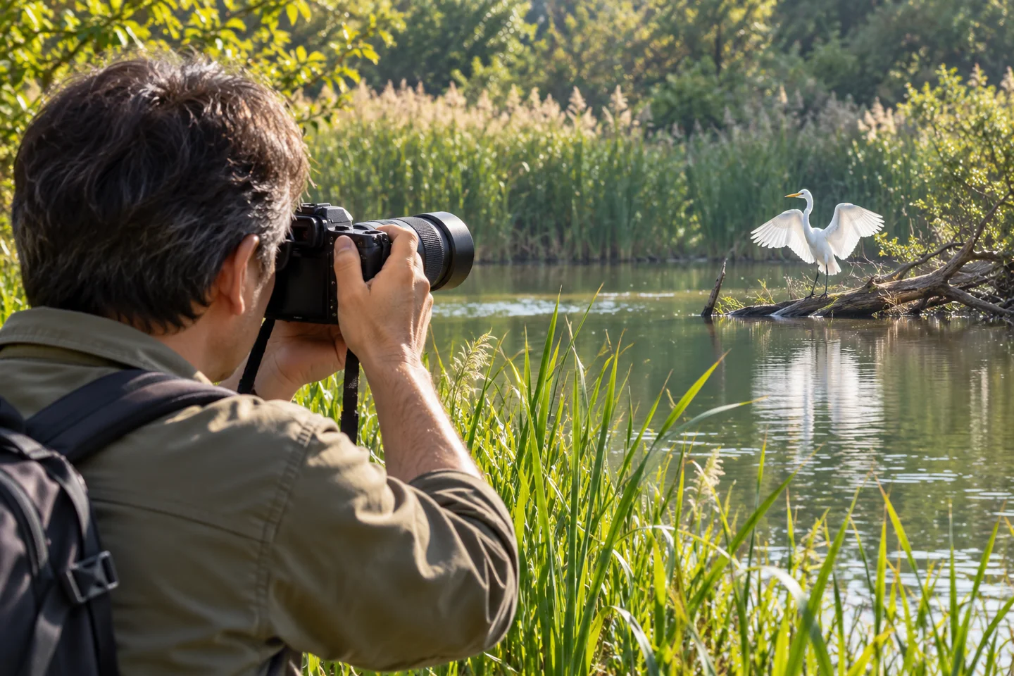 RX10 Vのファインダーをのぞき、池の向こうで羽を広げる白いサギへカメラを向ける撮影者
