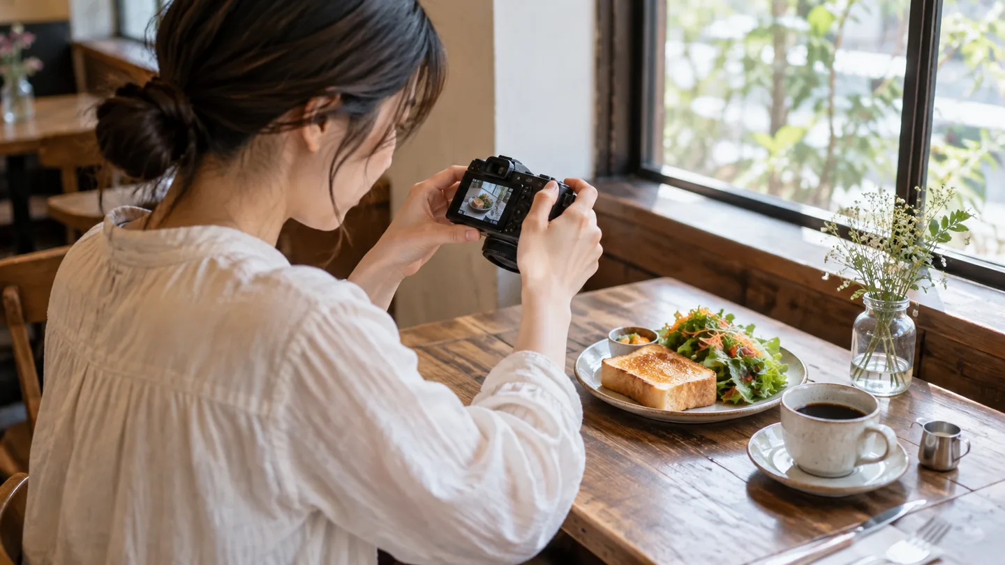 カフェの席に座り、窓辺の皿とコーヒーへ斜め上からカメラを向ける人