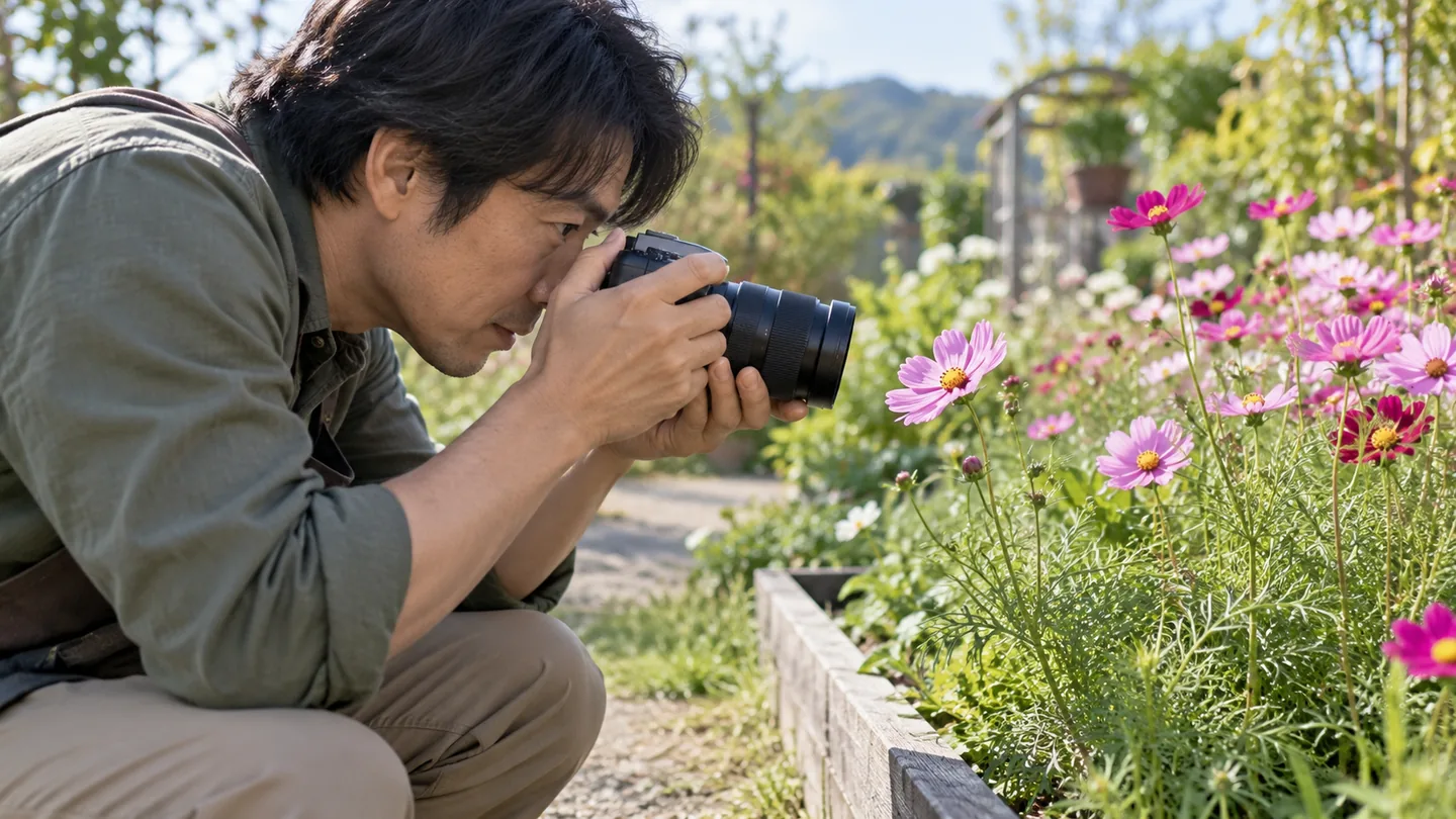 花壇のコスモスへ近づき、花にマクロレンズを向ける撮影者