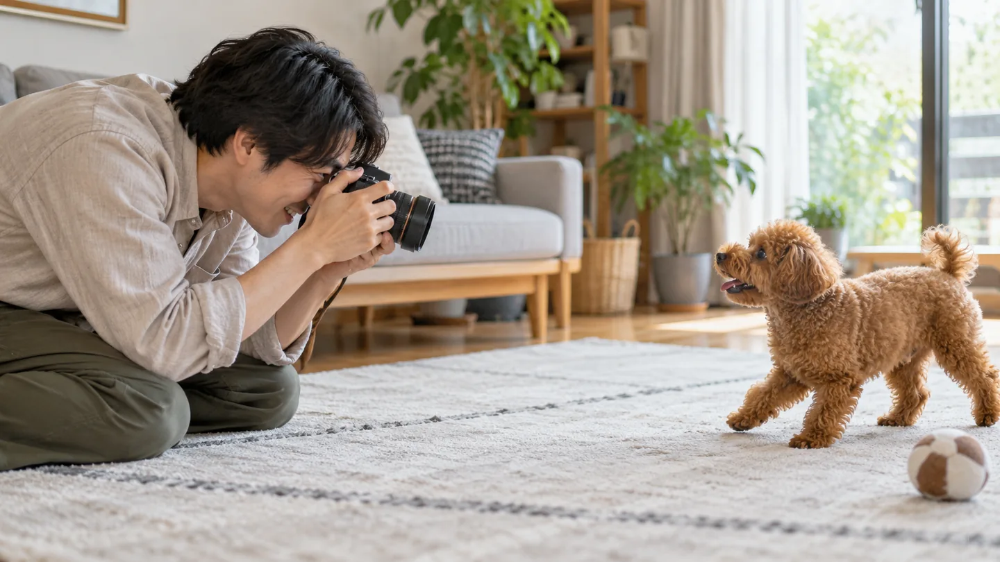 リビングの床で犬の目線までかがみ、歩く犬へカメラを向ける人
