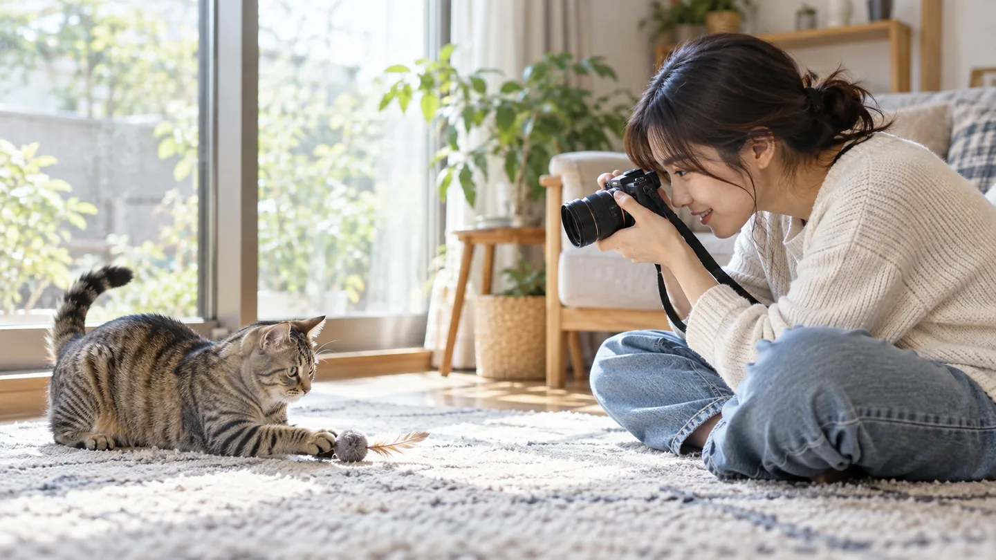 日中の窓辺で床に座り、おもちゃで遊ぶ猫へカメラを向ける人