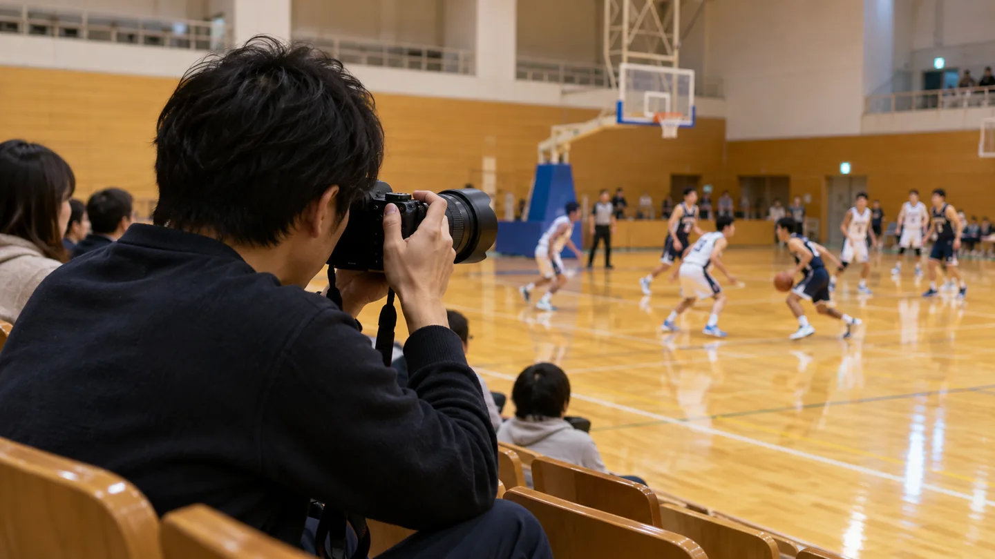 体育館の観客席に座り、コートのバスケットボール選手へ望遠レンズを向ける人