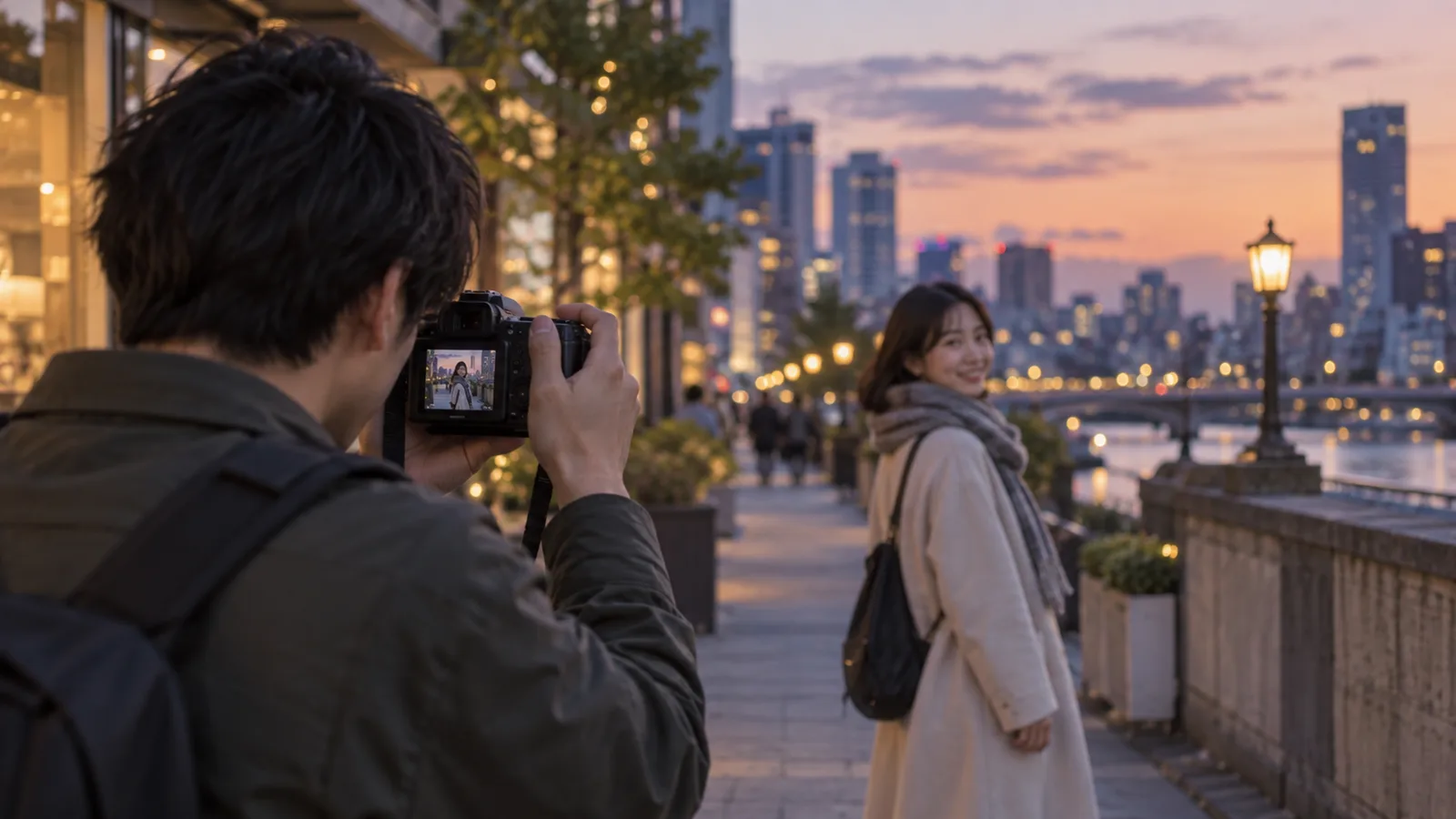 夕方の街で人物へカメラを向ける場面