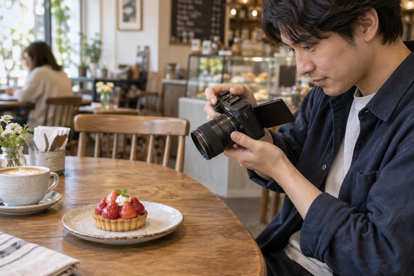 カフェの窓辺で小型カメラをいちごのタルトへ向ける男性