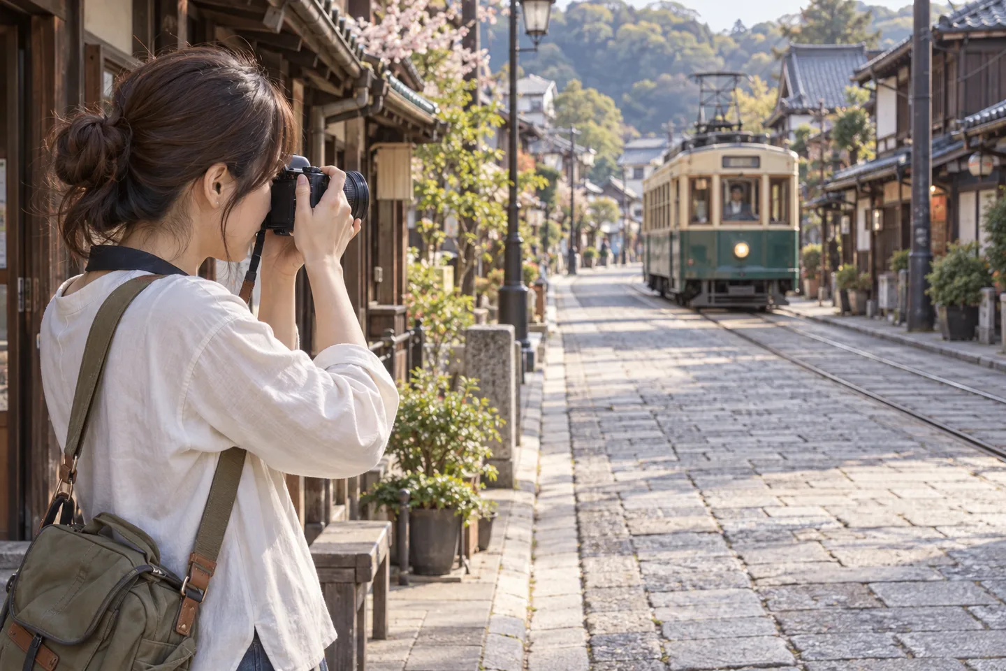 小型の標準ズームを付けたカメラで古い街並みと路面電車を撮る女性