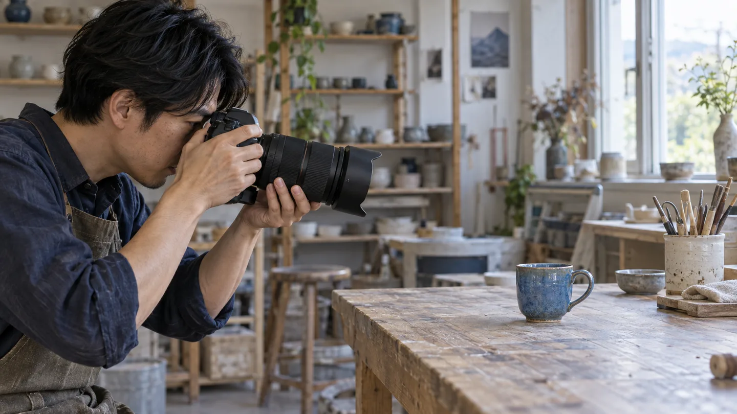 陶芸工房の青いカップへ標準ズームを向ける男性