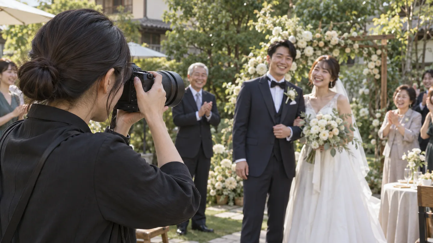 庭の結婚式で新郎新婦と参列者へ標準ズームを向ける女性カメラマン