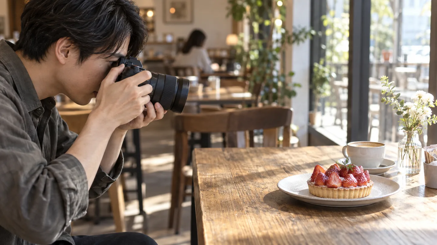 カフェのテーブルに置いたフルーツタルトへ標準ズームを向ける男性
