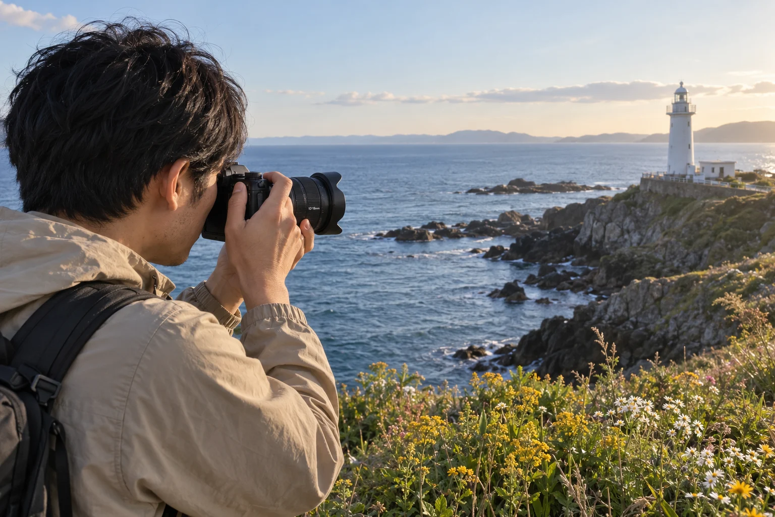 海岸で小さな超広角ズーム付きカメラを灯台と海へ向ける男性